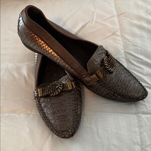 Stuart Weitzman Snakeskin Brown Loafers with Gold Accent